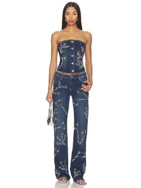 OW Collection Nova Embellished Top and Jeans SET Dark Wash Denim Womens Size Sma